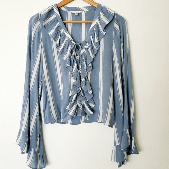 AEO NWOT Stripe Ruffle Laced Bell Sleeve Top - Picture 2 of 6